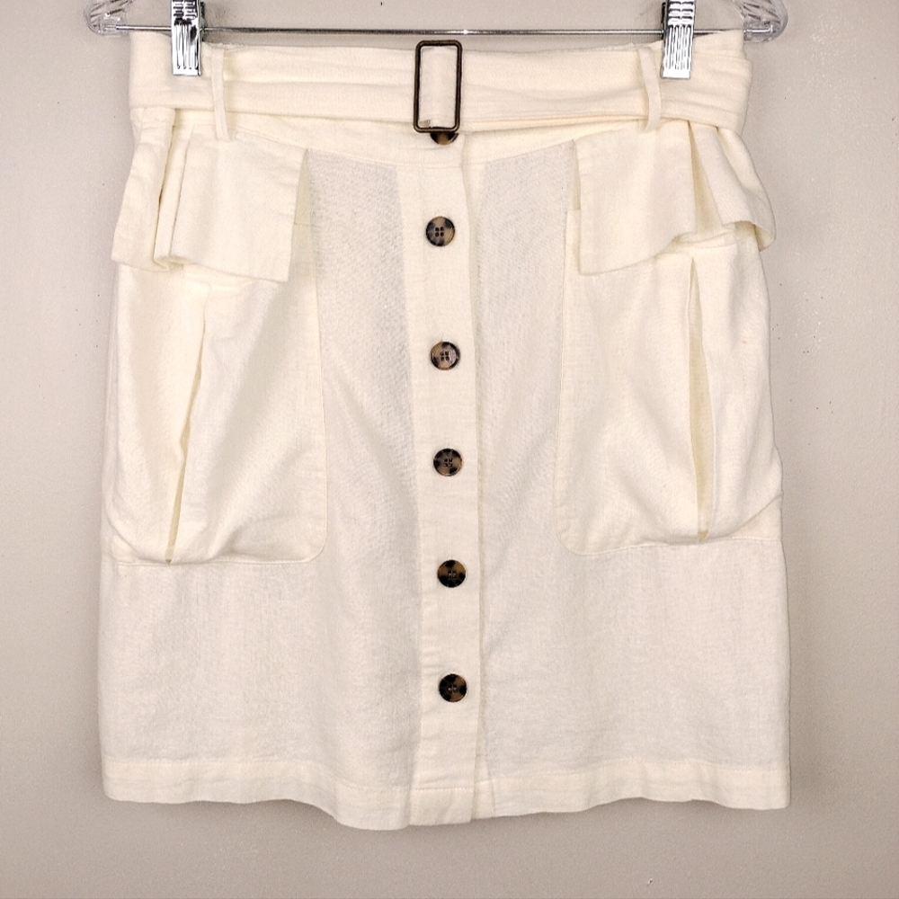 NWT Nicole Miller High Waist Linen Blend Button Shirt Egg Shell White Sz. M